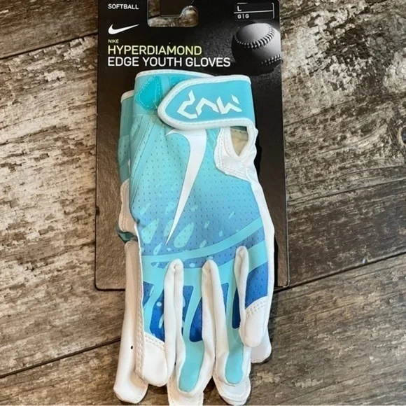 NWT Nike Youth Hyperdiamond 2.0 Batting Glove White Aqua Size Large NEW - Picture 2 of 14